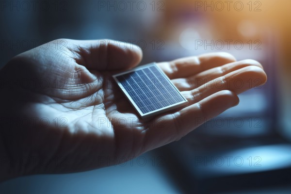 Hand holding micro solar cell in soft lab light. Concept of renewable energy, sustainable