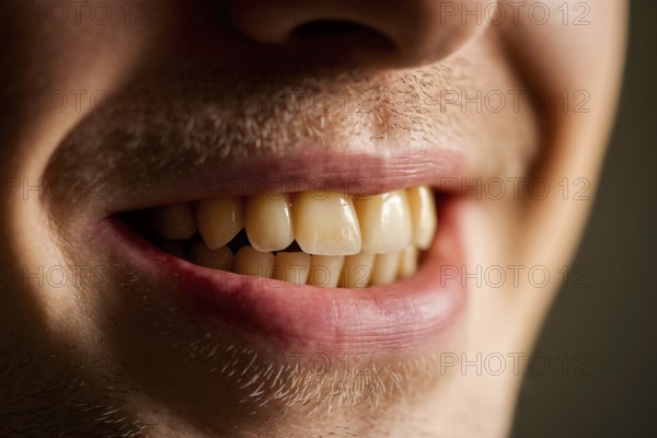 Close-up of stained male teeth revealing nicotine discoloration and enamel texture. Generative ai,