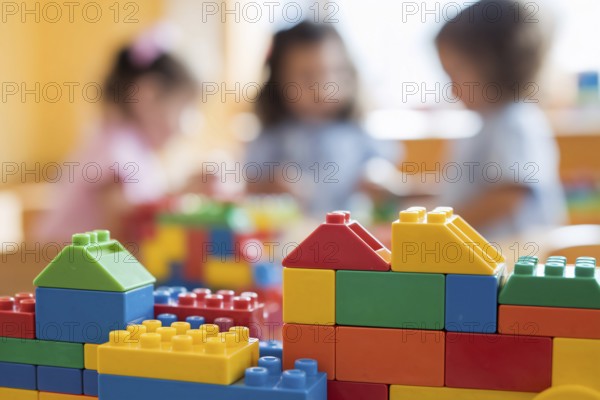 Colorful building bricks in sharp focus with children playing in the background, capturing the