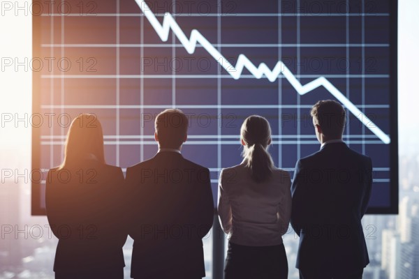 Four businesspeople looking at graph with stock market crash. Concept of financial loss, economic