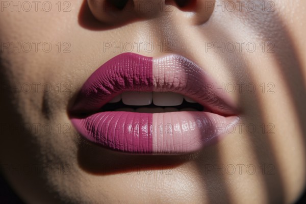Close-up of lips with split lipstick colors. Concept of beauty contrast, cosmetic choice, and