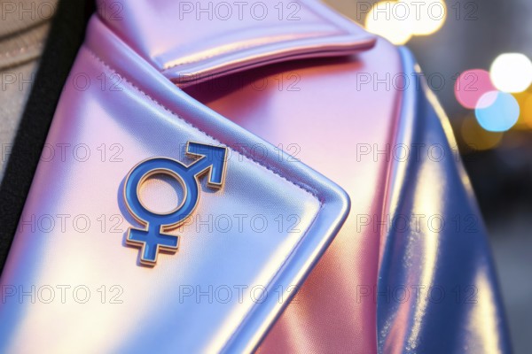 Genderfluid symbol pins on vibrant jacket in warm city light. Concept of identity, inclusivity, and
