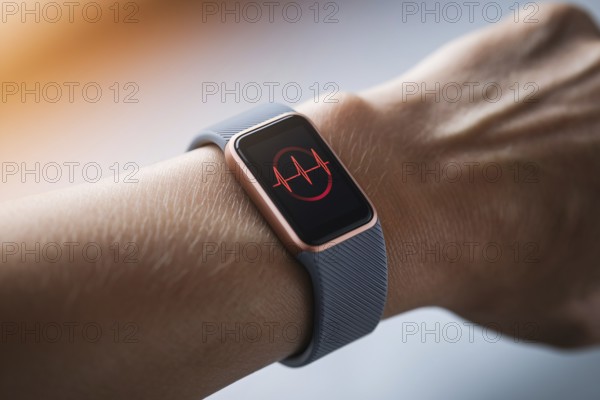 Close-up of wearable health tracker on wrist showing glowing heart rate data in soft, warm light.
