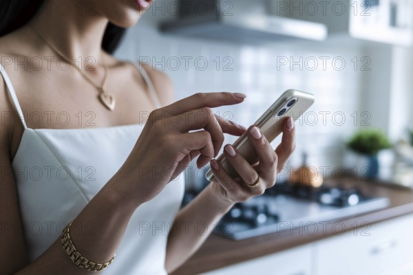 Close-up of manicured hands holding smartphone as glamorous housewife influencer films in luxury