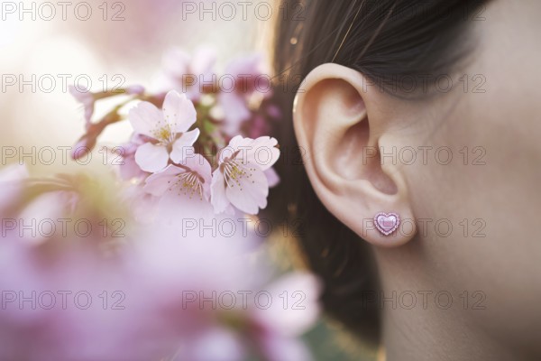 Close-up of heart-shaped pink earrings on woman's ear with cherry blossoms in warm sunlight.