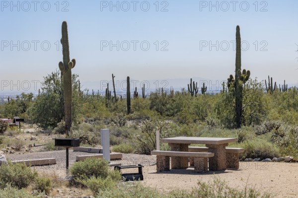 Picnic table at a desert campsite at the White Tank Mountain Regional Park campground in Phoenix,