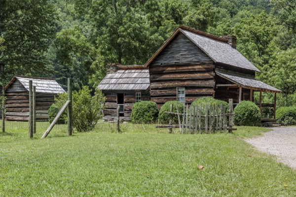 Historic log buildings at the Oconaluftee Visitor Center at Great Smoky Mountains National Park