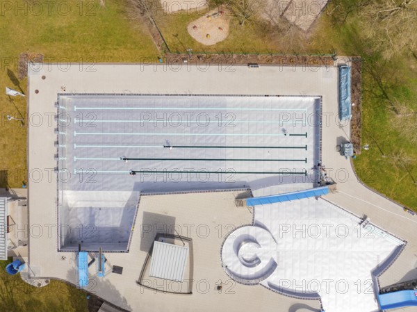 Aerial view of the entire area with geometric shapes and neighbouring green areas, renewal of the