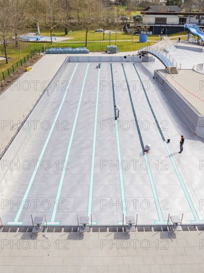 Bird's eye view of the swimming pool in a green area, renovation of the swimming lines, Calw