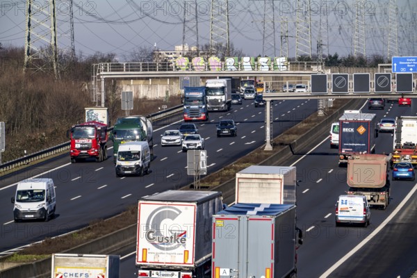 A57 motorway near Kaarst in the Rhein-Kreis Neuss, view towards Kaarst motorway junction, heavy