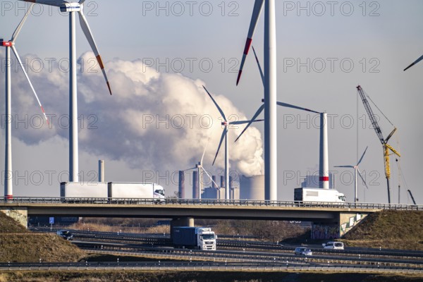 RWE Power brown coal power plant Neurath, RWE wind farm, Jackerath motorway junction, A44 and A61,