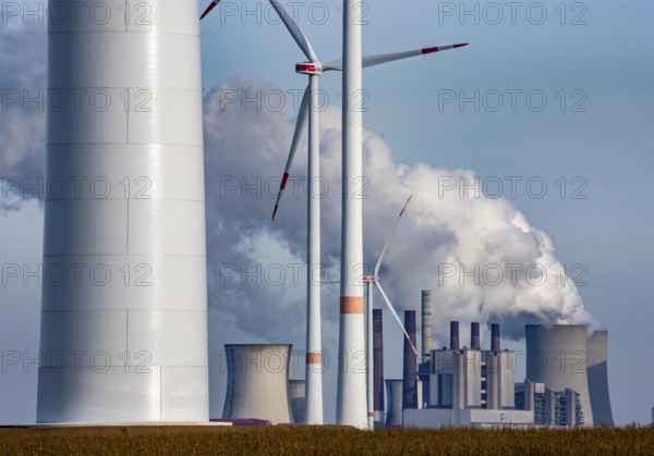 The RWE brown coal power plant in Neurath, wind farm, Rhenish lignite mining district of North