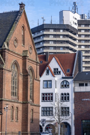 The city center of Herne, Europaplatz, evangelische Kreuzkirche, high-rise residential building,