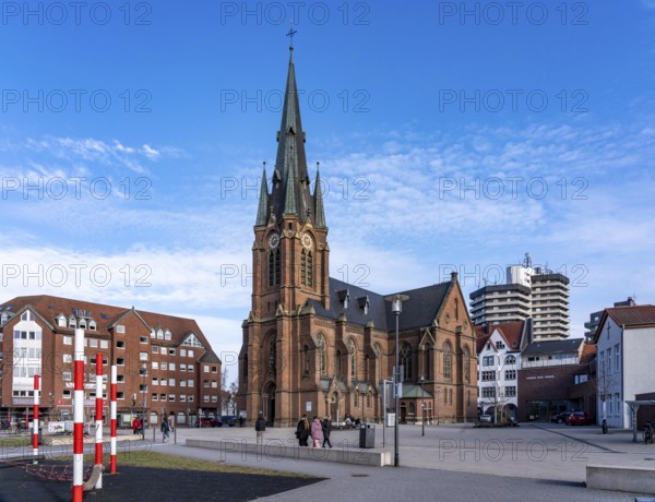 The city center of Herne, Europaplatz, evangelische Kreuzkirche, high-rise residential building,