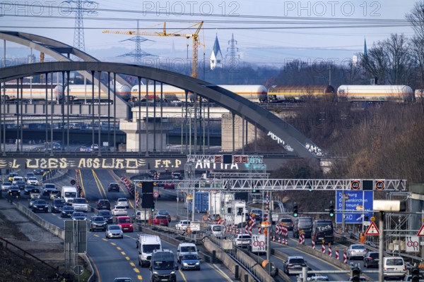 Traffic jam on the A43 motorway near Herne, heading north, in front of the barrier system, the