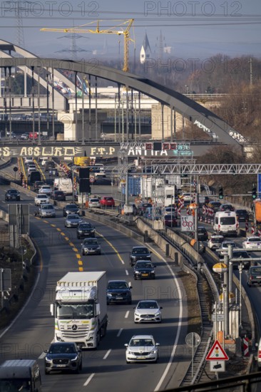 Traffic jam on the A43 motorway near Herne, heading north, in front of the barrier system, the