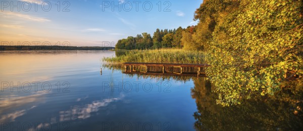 Evening at the lake in autumn, Steg in the Reeds, Großer Lychensee, Lychen, Uckermark, Brandenburg,
