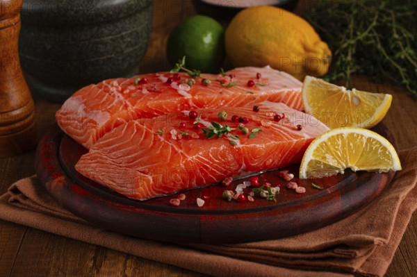 Two salmon fillets rest on a wooden platter. The fillets are garnished with herbs and spices. Lemon