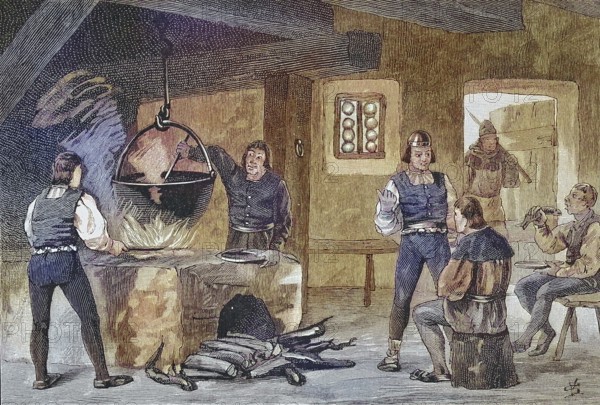 German Peasant War, 1524-1526, Bauernstube in Keula, Fische siedend/ German peasant war, peasant