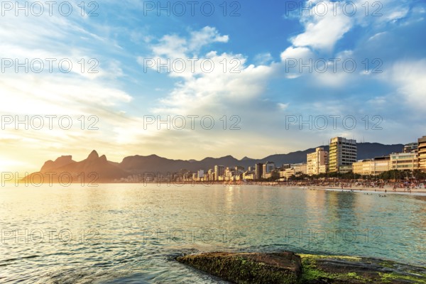 Buildings facing the sea on Ipanema beach in Rio de Janeiro during sunset, Ipanema beach, Rio de