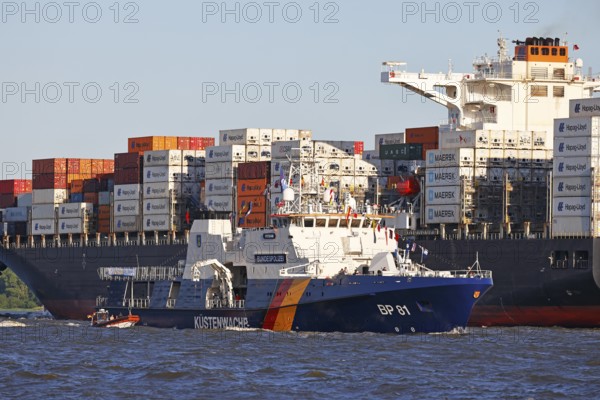 Decorated ship of the German Coast Guard and Federal Police BP 81 Potsdam leaves the Port of