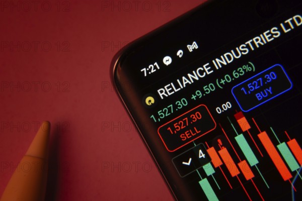 Dhaka, Bangladesh- 08 Sep 2025: Close-up of a phone screen showing Reliance Industries stock market