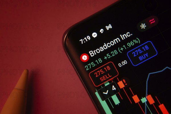 Dhaka, Bangladesh- 08 Sep 2025: Close-up of a phone screen showing Broadcom Inc stock market data