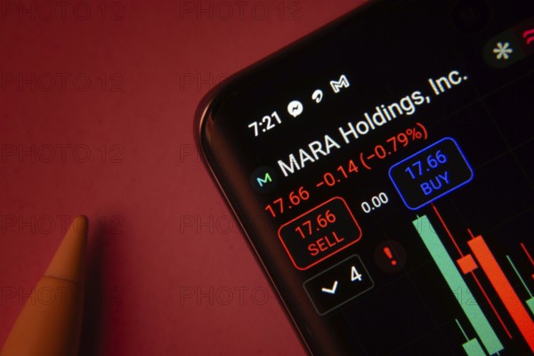 Dhaka, Bangladesh- 08 Sep 2025: Close-up of a phone screen showing MARA Holdings Inc stock market