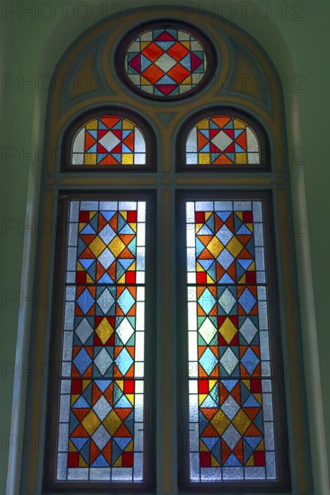 Colored stained glass windows in the National Yuri Fedkovych University, founded 1875, Czernowicz,