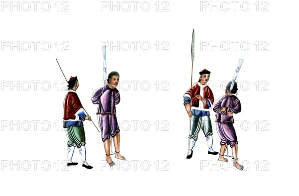 Jurisprudence, torture and punishment in medieval China, two convicts, chained by hands and feet,