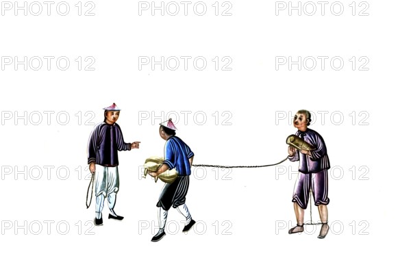 Jurisprudence, torture and punishment in medieval China, two guards lead an offender in chains,