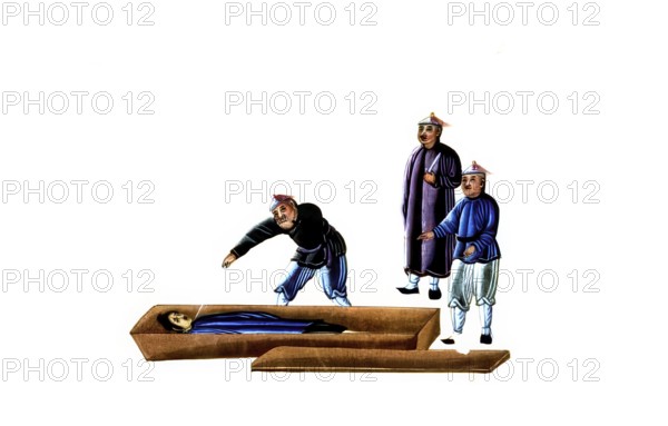 Jurisprudence, torture and punishment in medieval China, the scene shows officials examining a dead