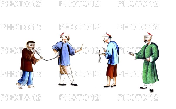 Jurisprudence, torture and punishment in medieval China, group of four people. An official or guard