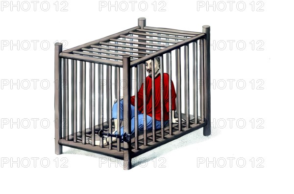 Jurisdiction, torture and punishment in medieval China, criminals in a cage. This person is also