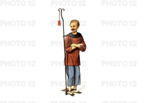 Jurisdiction, torture and punishment in medieval China, criminal tied to an iron bar. His neck is