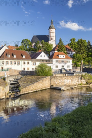 City view with Unser lieben Frauen auf dem Berge church and fish stairway at the Zwickauer Mulde