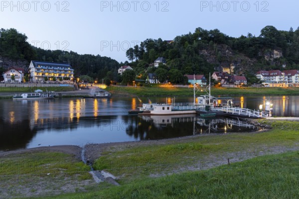 Twilight view of the ferry across the Elbe in the spa town of Rathen, Saxon Switzerland, Saxony,