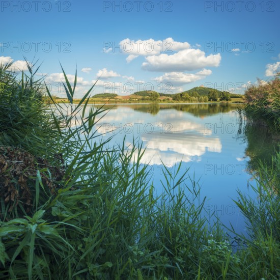 Wachsenburg Castle is reflected in the still water of a lake under a blue sky with cumulus clouds,
