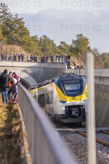 Yellow train goes under a bridge. People watch from the side of the tracks. Forest in the