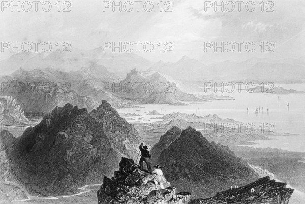 View from above, wild mountain landscape around Bantry Bay, County Cork, Ireland, small rock