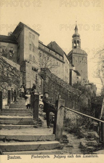 Historical postcard around 1900, Bautzen, Fischerpforte, staircase after the Lauenturm, Saxony,