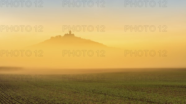 The silhouette of Wachsenburg Castle rises out of the fog at sunrise, Castle of the Three Gleichen