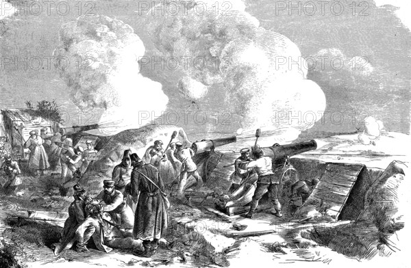 Prussian twenty-four-pound battery No. 2 on Gammelmark, Silesia, woodcut from 1864
