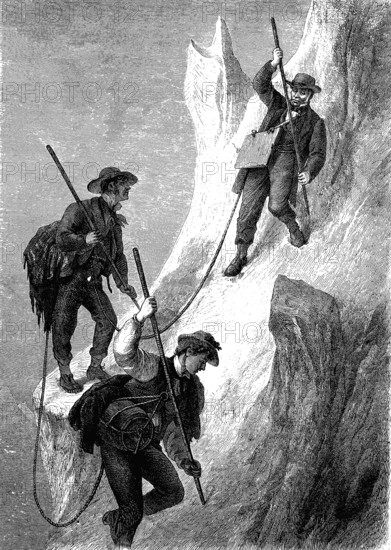 Mountaineers on the firndach of Ackerlspitze, Kaisergebrige, Austria, woodcut from 1864