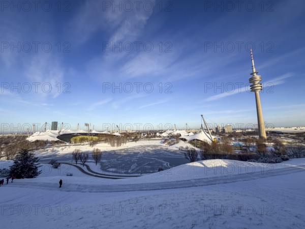 Olympic site with snow in winter, park with Olympic lake and television tower, Olympic Tower,