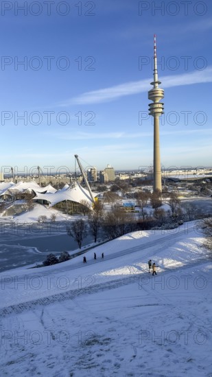 Olympic site with snow in winter, park with Olympic lake and television tower, Olympic Tower,