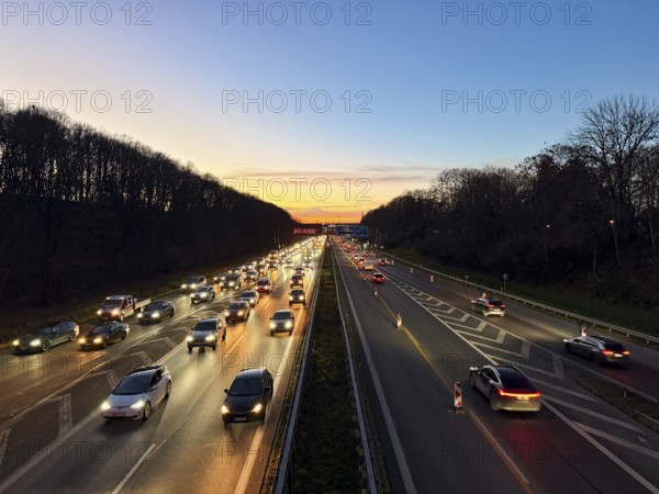 Cars driving on the motorway at sunset in the evening, Autobahn A96 Lindau, Munich, Bavaria,