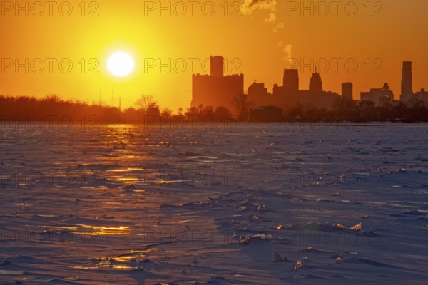 Detroit, Michigan USA - 4 February 2026 - The ice-choked Detroit River near downtown Detroit.