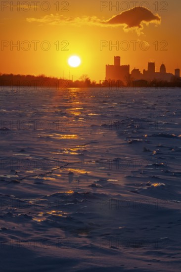 Detroit, Michigan USA - 4 February 2026 - The ice-choked Detroit River near downtown Detroit.