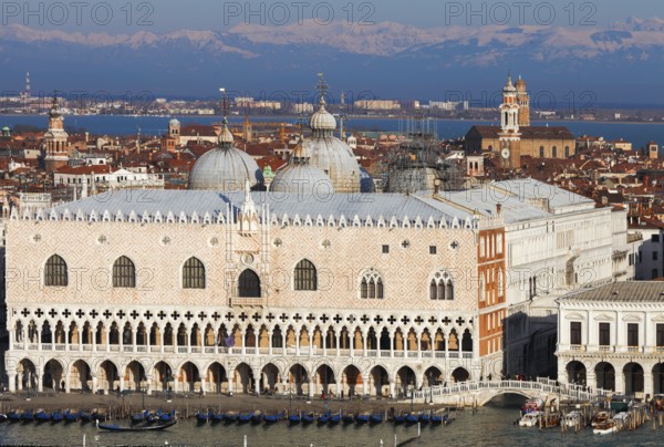 View of San Marco and the snow-capped Alps from Campanile San Gorgio di Maggiore, Venice, Veneto,